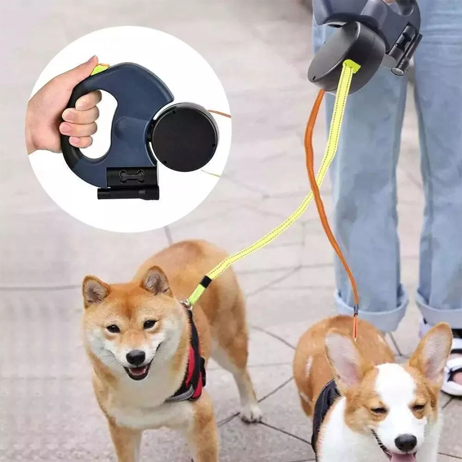Double Dog Retractable Leash With 360° Swivel Dual Pet Lead LED Light Waste Bag Holder for Medium Small Dogs Reflective Flashlight