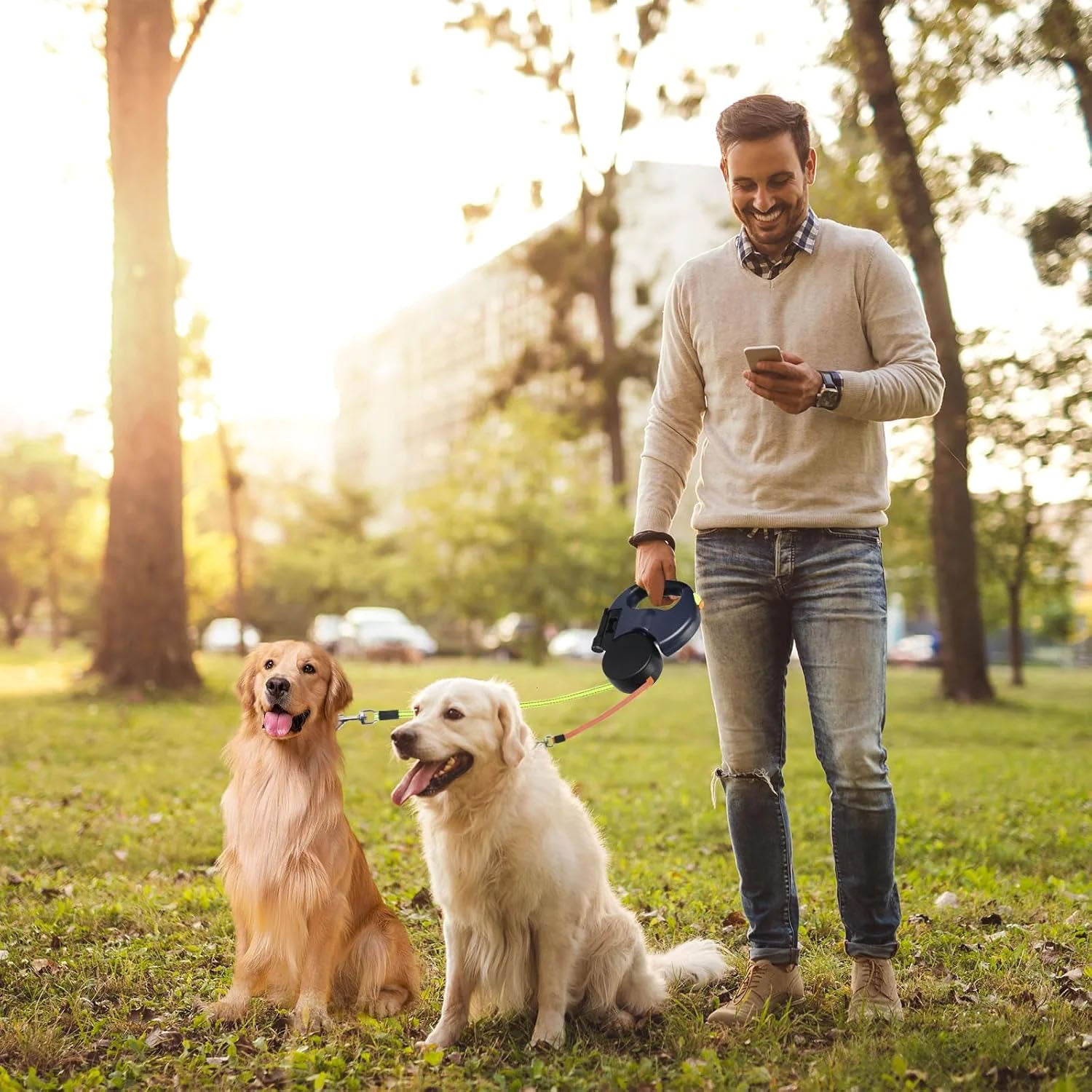 Double Dog Retractable Leash With 360° Swivel Dual Pet Lead LED Light Waste Bag Holder for Medium Small Dogs Reflective Flashlight