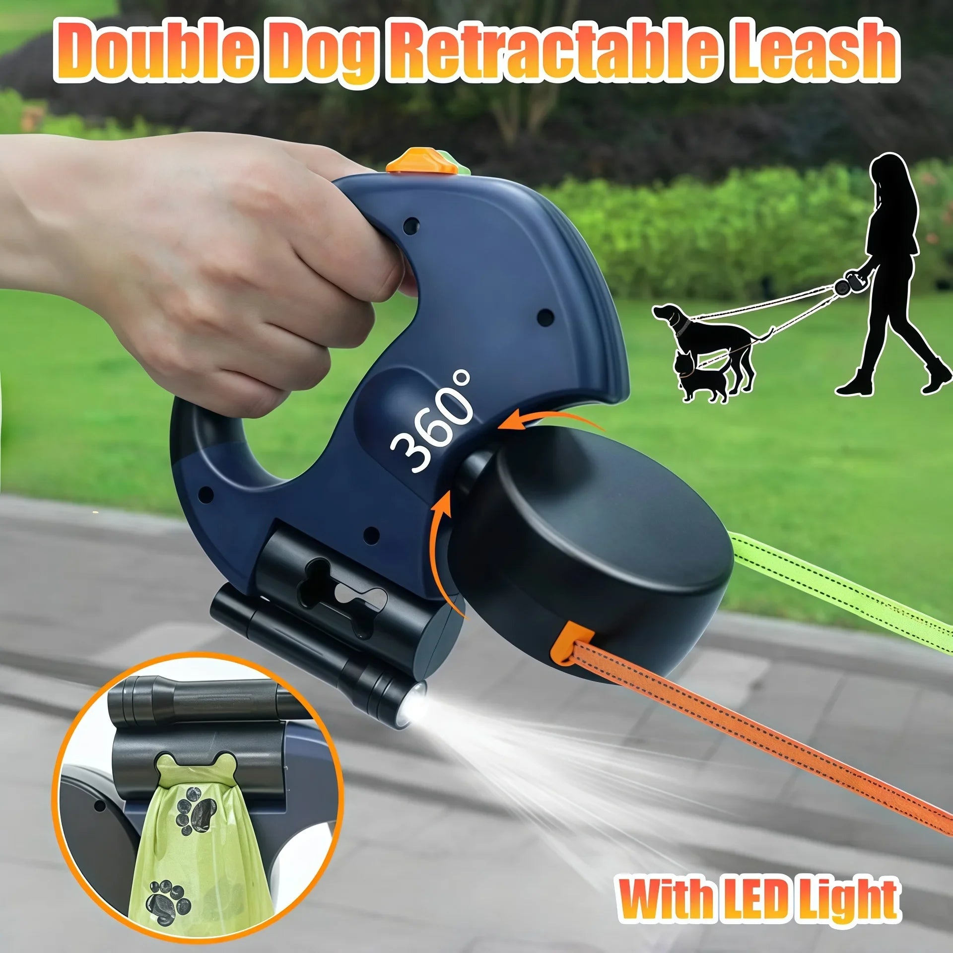 Double Dog Retractable Leash With 360° Swivel Dual Pet Lead LED Light Waste Bag Holder for Medium Small Dogs Reflective Flashlight