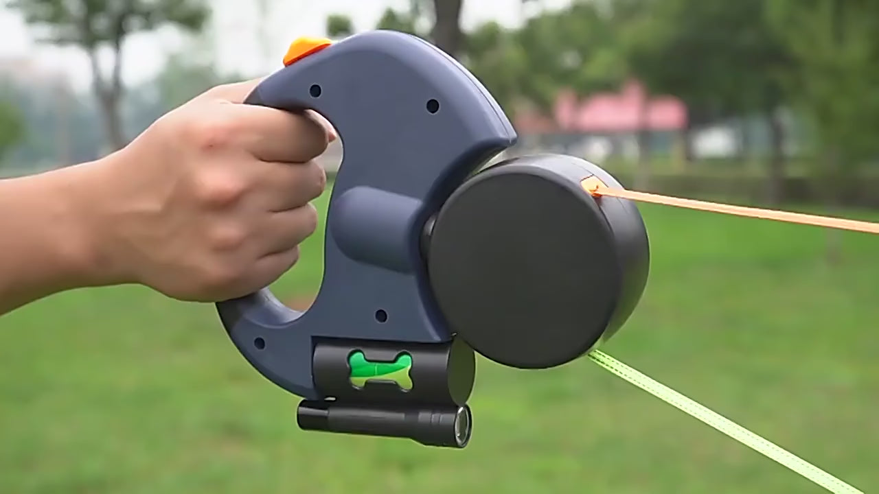 Double Dog Retractable Leash With 360° Swivel Dual Pet Lead LED Light Waste Bag Holder for Medium Small Dogs Reflective Flashlight